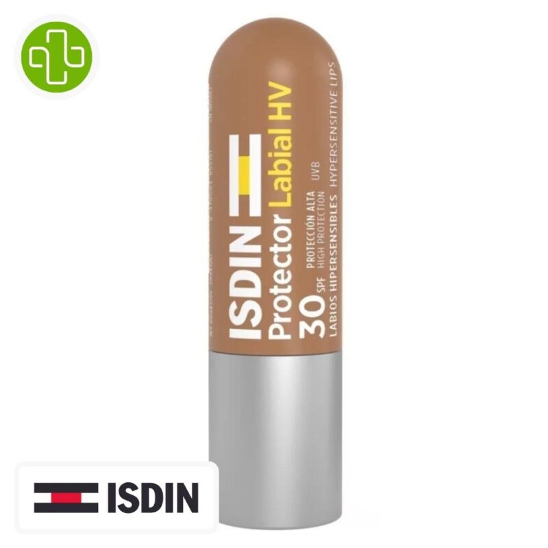 Produit de la marque isdin protector labial hv solaire lèvres hypersensibles spf30 - 4g sur un fond blanc avec un logo parachezvous et celui de la marque isdin