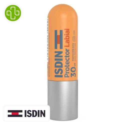 Produit de la marque Isdin Protector Labial Solaire Lèvres Spf30 - 4g sur un fond blanc avec un logo Parachezvous et celui de la marque ISDIN