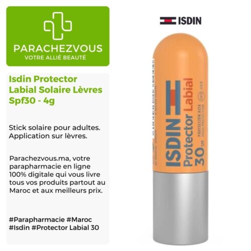 Produit de la marque Isdin Protector Labial Solaire Lèvres Spf30 - 4g sur un fond blanc, vert et gris avec un logo Parachezvous et celui de la marque ISDIN ainsi qu'une description qui détail les informations du produit
