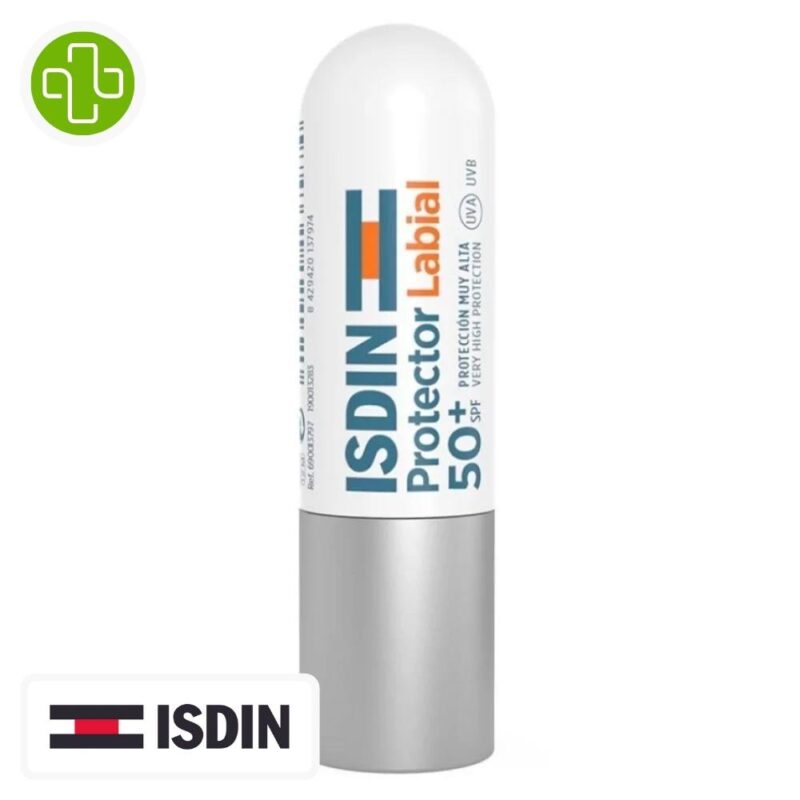 Produit de la marque isdin protector labial solaire lèvres spf50 - 4g sur un fond blanc avec un logo parachezvous et celui de la marque isdin