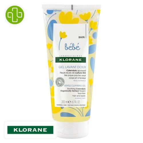 Produit de la marque Klorane Bébé Gel Lavant Doux au Calendula - 200ml sur un fond blanc avec un logo Parachezvous et celui de de la marque klorane