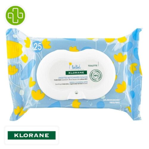 Produit de la marque Klorane Bébé Lingettes Nettoyantes Douces - 25 unités sur un fond blanc avec un logo Parachezvous et celui de de la marque klorane