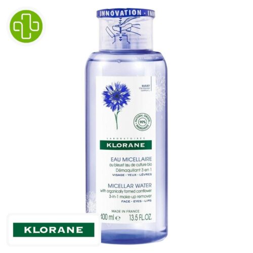 Produit de la marque Klorane Bleuet Bio Eau Micellaire Démaquillante - 400ml sur un fond blanc avec un logo Parachezvous et celui de de la marque klorane