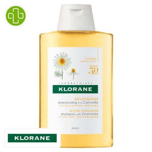 Produit de la marque Klorane Camomille Shampooing Illuminateur - 200ml sur un fond blanc avec un logo Parachezvous et celui de de la marque klorane