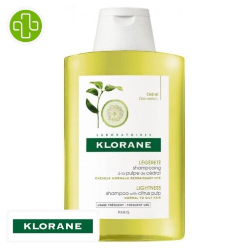 Produit de la marque Klorane Cédrat Shampooing Purifiant - 200ml sur un fond blanc avec un logo Parachezvous et celui de de la marque klorane