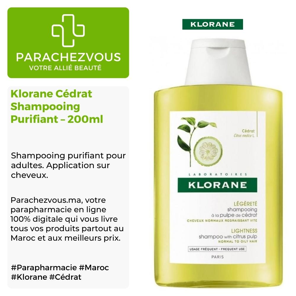 Produit de la marque klorane cédrat shampooing purifiant - 200ml sur un fond blanc, vert et gris avec un logo parachezvous et celui de la marque klorane ainsi qu'une description qui détail les informations du produit