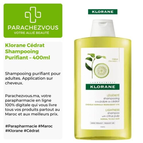 Produit de la marque klorane cédrat shampooing purifiant - 400ml sur un fond blanc, vert et gris avec un logo parachezvous et celui de la marque klorane ainsi qu'une description qui détail les informations du produit