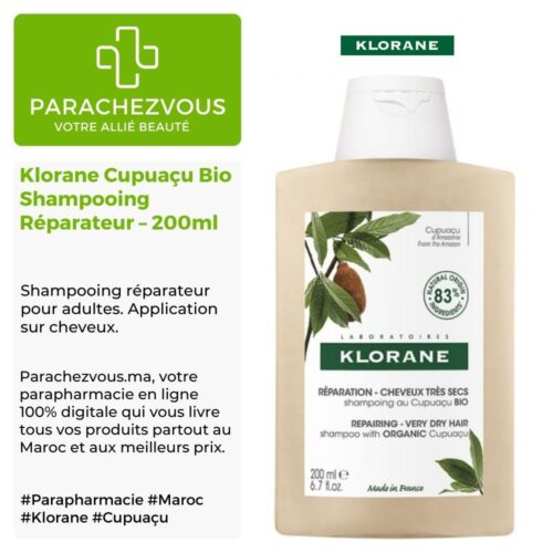 Produit de la marque Klorane Cupuaçu Bio Shampooing Réparateur - 200ml sur un fond blanc, vert et gris avec un logo Parachezvous et celui de la marque klorane ainsi qu'une description qui détail les informations du produit