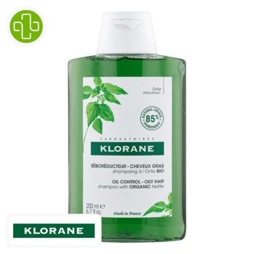 Produit de la marque Klorane Ortie Bio Shampooing Séboréducteur - 200ml sur un fond blanc avec un logo Parachezvous et celui de de la marque klorane