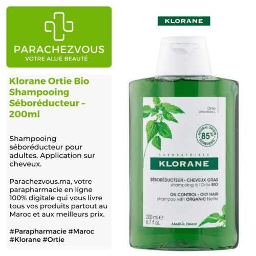 Produit de la marque Klorane Ortie Bio Shampooing Séboréducteur - 200ml sur un fond blanc, vert et gris avec un logo Parachezvous et celui de la marque klorane ainsi qu'une description qui détail les informations du produit