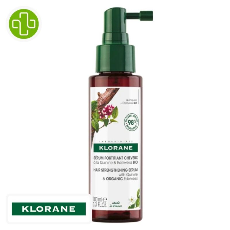 Produit de la marque klorane quinine & edelweiss bio sérum anti-chute - 100ml sur un fond blanc avec un logo parachezvous et celui de de la marque klorane