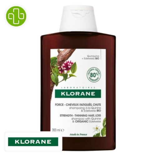 Produit de la marque Klorane Quinine & Edelweiss Bio Shampooing Fortifiant - 200ml sur un fond blanc avec un logo Parachezvous et celui de de la marque klorane