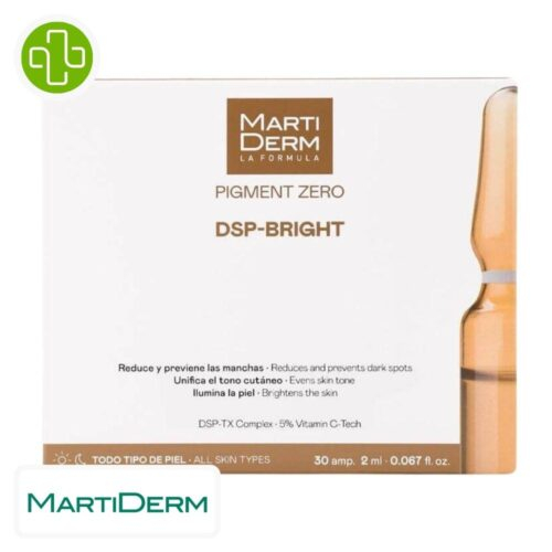 Produit de la marque Marti Derm Pigment Zero DSP-Bright Anti-Taches - 30 ampoules sur un fond blanc avec un logo Parachezvous et celui de de la marque Marti Derm