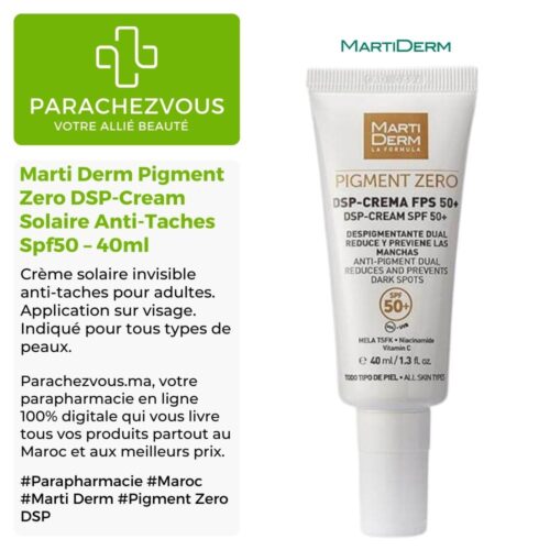 Produit de la marque Marti Derm Pigment Zero DSP-Cream Solaire Anti-Taches Spf50 - 40ml sur un fond blanc, vert et gris avec un logo Parachezvous et celui de la marque Marti Derm ainsi qu'une description qui détail les informations du produit
