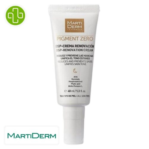Produit de la marque Marti Derm Pigment Zero DSP-Renovation Cream Anti-Taches - 40ml sur un fond blanc avec un logo Parachezvous et celui de de la marque Marti Derm