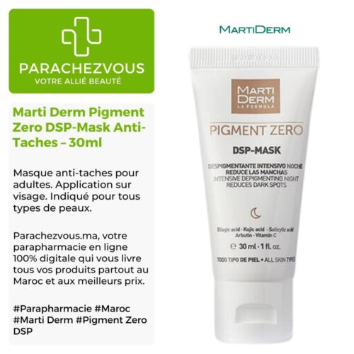 Produit de la marque Marti Derm Pigment Zero DSP-Mask Anti-Taches - 30ml sur un fond blanc, vert et gris avec un logo Parachezvous et celui de la marque Marti Derm ainsi qu'une description qui détail les informations du produit