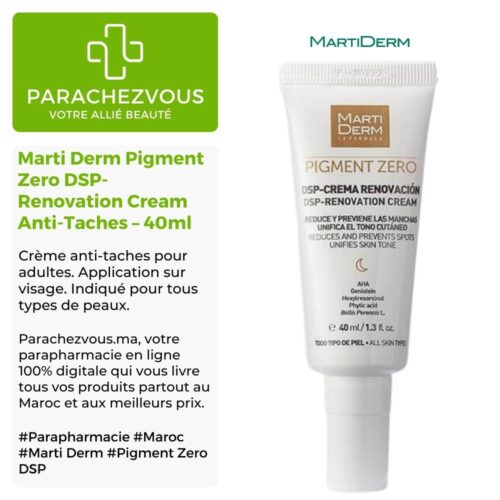Produit de la marque Marti Derm Pigment Zero DSP-Renovation Cream Anti-Taches - 40ml sur un fond blanc, vert et gris avec un logo Parachezvous et celui de la marque Marti Derm ainsi qu'une description qui détail les informations du produit