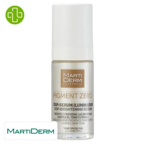 Produit de la marque Marti Derm Pigment Zero DSP-Brightenin Serum Anti-Taches - 30ml sur un fond blanc avec un logo Parachezvous et celui de de la marque Marti Derm