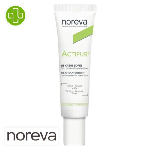 Produit de la marque Noreva Actipur BB-Crème Anti-Imperfections Teintée Doré - 30ml sur un fond blanc avec un logo Parachezvous et celui de de la marque Noreva