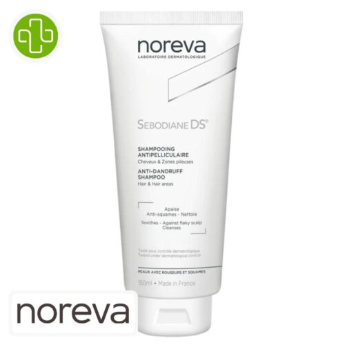 Produit de la marque Noreva Sebodiane DS Shampooing Anti-Pelliculaire - 150ml sur un fond blanc avec un logo Parachezvous et celui de de la marque Noreva