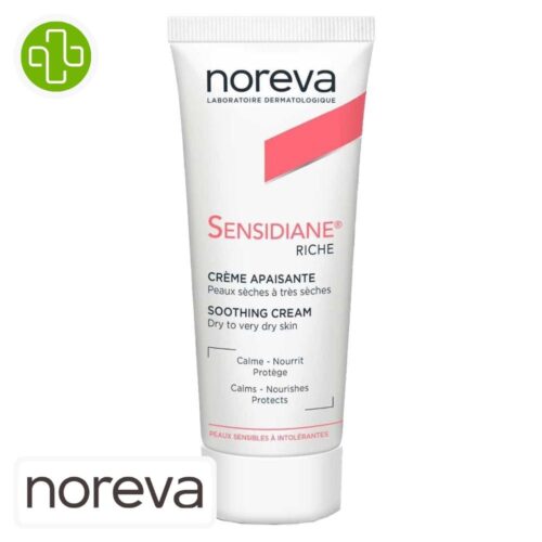 Produit de la marque Noreva Sensidiane Crème Riche Apaisante - 40ml sur un fond blanc avec un logo Parachezvous et celui de de la marque Noreva