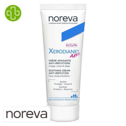 Produit de la marque Noreva Xerodiane AP+ Crème Apaisante Anti-Irritations - 40ml sur un fond blanc avec un logo Parachezvous et celui de de la marque Noreva