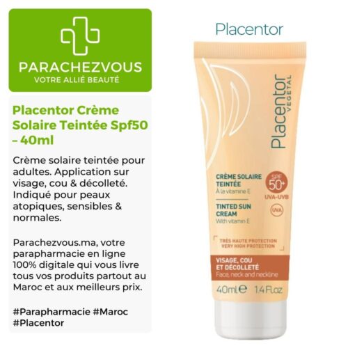 Produit de la marque Placentor Crème Solaire Teintée Spf50 - 40ml sur un fond blanc, vert et gris avec un logo Parachezvous et celui de la marque Placentor ainsi qu'une description qui détail les informations du produit