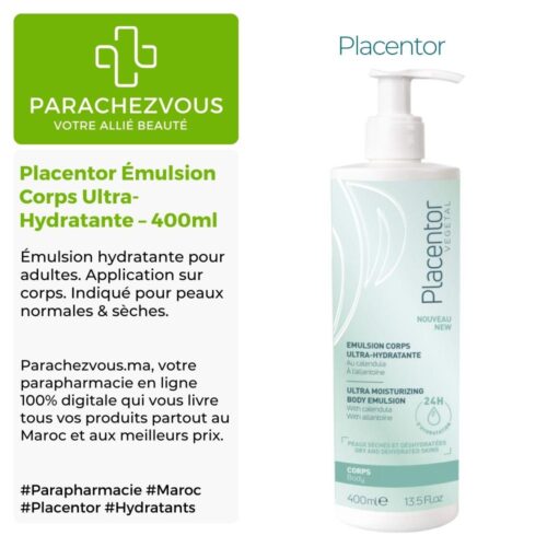 Produit de la marque Placentor Émulsion Corps Ultra-Hydratante - 400ml sur un fond blanc, vert et gris avec un logo Parachezvous et celui de la marque Placentor ainsi qu'une description qui détail les informations du produit