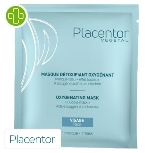 Produit de la marque Placentor Masque Détoxifiant Oxygénant Tissus Effet Bulles sur un fond blanc avec un logo Parachezvous celui de de la marque Placentor