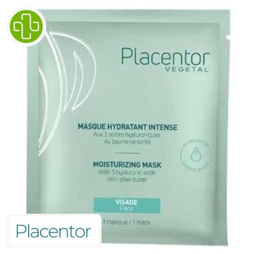 Produit de la marque Placentor Masque Hydratant Intense aux 3 Acides Hyaluroniques sur un fond blanc avec un logo Parachezvous celui de de la marque Placentor