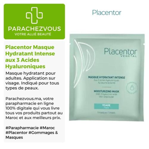 Produit de la marque Placentor Masque Hydratant Intense aux 3 Acides Hyaluroniques sur un fond blanc, vert et gris avec un logo Parachezvous et celui de la marque Placentor ainsi qu'une description qui détail les informations du produit