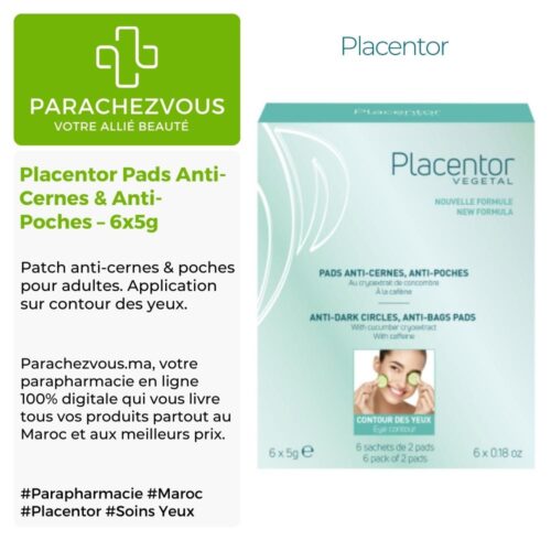 Produit de la marque Placentor Pads Anti-Cernes & Anti-Poches - 6x5g sur un fond blanc, vert et gris avec un logo Parachezvous et celui de la marque Placentor ainsi qu'une description qui détail les informations du produit