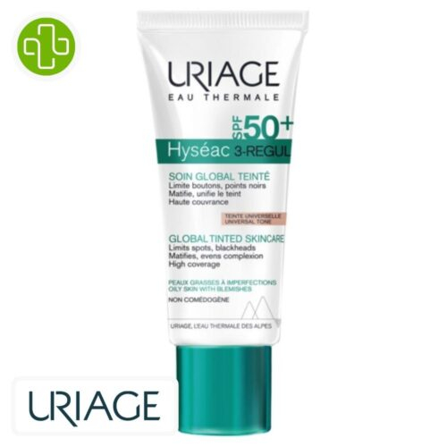 Produit de la marque Uriage Hyséac 3-Regul Soin Global Teinté Anti-Imperfections Spf50 - 40ml sur un fond blanc avec un logo Parachezvous et celui de de la marque Uriage