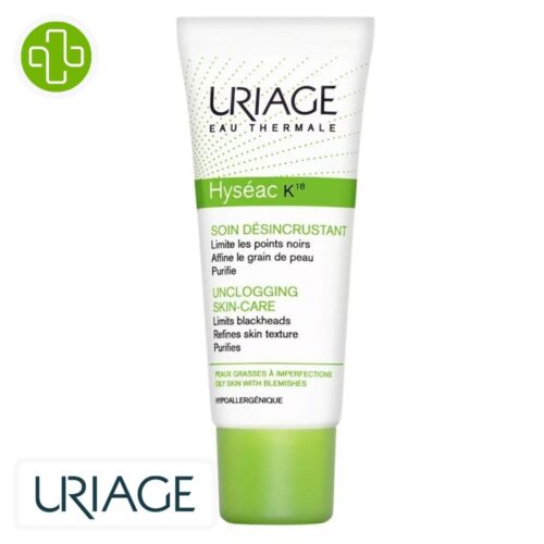 Produit de la marque Uriage Hyséac K18 Soin Désincrustant Purifiant – 40ml sur un fond blanc avec un logo Parachezvous et celui de de la marque Uriage