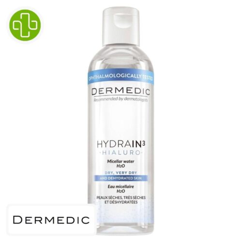Produit de la marque Dermedic Hydrain 3 Eau Micellaire H2O Démaquillante - 200ml sur un fond blanc avec un logo Parachezvous et celui de de la marque Dermedic