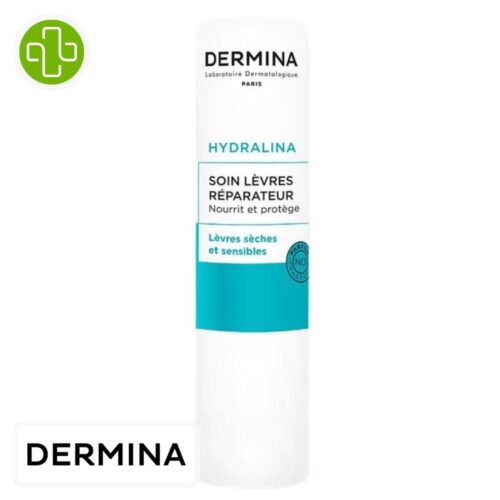Produit de la marque Dermina Hydralina Soin Lèvres Réparateur - 4g sur un fond blanc avec un logo Parachezvous et celui de de la marque Dermina