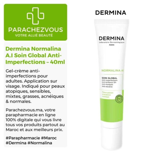 Produit de la marque Dermina Normalina A.I Soin Global Anti-Imperfections - 40ml sur un fond blanc, vert et gris avec un logo Parachezvous et celui de la marque Dermina ainsi qu'une description qui détail les informations du produit