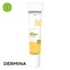 Produit de la marque Dermina Sunlina Crème Solaire Anti-Taches Invisible Spf50 - 40ml sur un fond blanc avec un logo Parachezvous et celui de de la marque Dermina