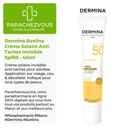 Produit de la marque Dermina Sunlina Crème Solaire Anti-Taches Invisible Spf50 - 40ml sur un fond blanc, vert et gris avec un logo Parachezvous et celui de la marque Dermina ainsi qu'une description qui détail les informations du produit