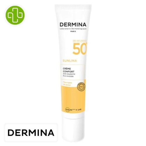 Produit de la marque dermina sunlina crème solaire invisible confort spf50 - 40ml sur un fond blanc avec un logo parachezvous et celui de de la marque dermina