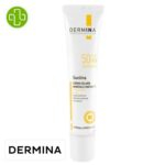 Produit de la marque Dermina Sunlina Crème Solaire Minérale Unifiante Teintée Spf50 - 40ml sur un fond blanc avec un logo Parachezvous et celui de de la marque Dermina