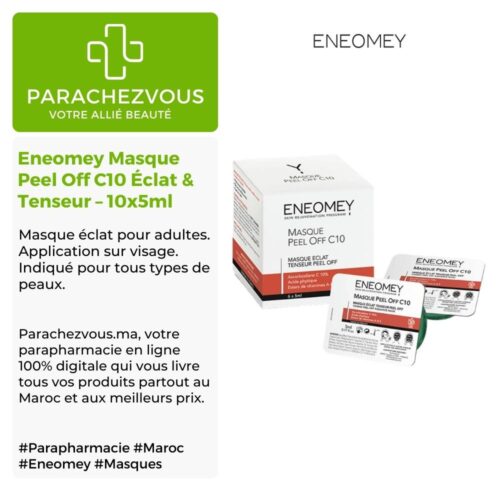 Produit de la marque Eneomey Masque Peel Off C10 Éclat & Tenseur - 10x5ml sur un fond blanc, vert et gris avec un logo Parachezvous et celui de la marque Eneomey ainsi qu'une description qui détail les informations du produit