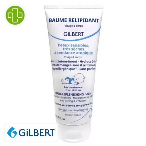 Produit de la marque Gilbert Baume Relipidant Nourrissant Hydratant - 200ml sur un fond blanc avec un logo Parachezvous celui de de la marque Gilbert