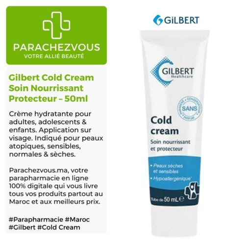 Produit de la marque Gilbert Cold Cream Soin Nourrissant Protecteur - 50ml sur un fond blanc, vert et gris avec un logo Parachezvous et celui de la marque Gilbert ainsi qu'une description qui détail les informations du produit
