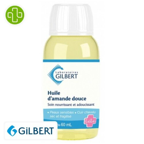 Produit de la marque Gilbert Huile d'Amandes Douce Nourrissante Adoucissante - 60ml sur un fond blanc avec un logo Parachezvous celui de de la marque Gilbert