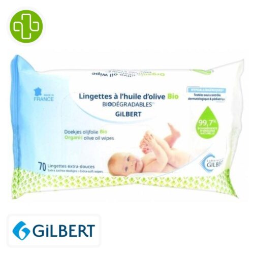 Produit de la marque Gilbert Lingettes à l'Huile d'Olive Bio Biodégradables - 70 lingettes sur un fond blanc avec un logo Parachezvous celui de de la marque Gilbert