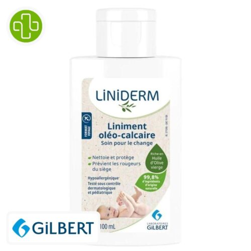 Produit de la marque Gilbert Liniderm Liniment Oléo-Calcaire pour le Change - 100ml sur un fond blanc avec un logo Parachezvous celui de de la marque Gilbert