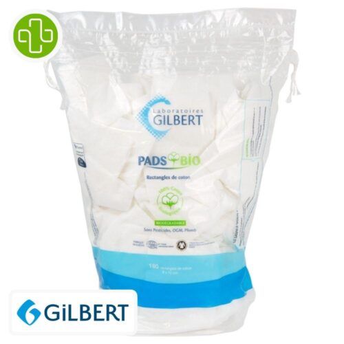 Produit de la marque Gilbert Pads Bio Rectangles de Cotons - 180 cotons sur un fond blanc avec un logo Parachezvous celui de de la marque Gilbert