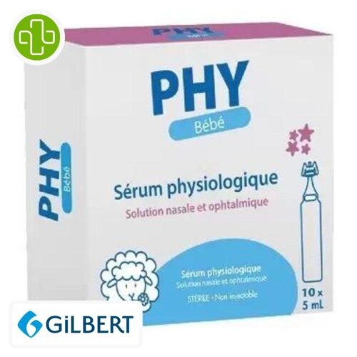 Produit de la marque Gilbert Phy Bébé Sérum Physiologique Solution Nasale & Ophtalmique - 10x5ml sur un fond blanc avec un logo Parachezvous celui de de la marque Gilbert