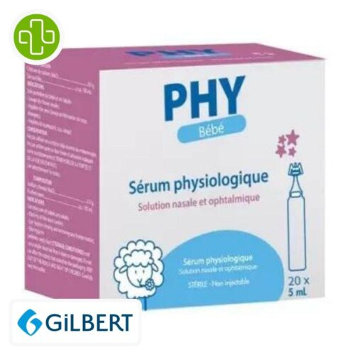 Produit de la marque Gilbert Phy Bébé Sérum Physiologique Solution Nasale & Ophtalmique - 20x5ml sur un fond blanc avec un logo Parachezvous celui de de la marque Gilbert